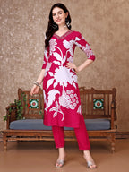 Hand Embroidered & Floral Printed Pure Silk Kurta With Pant & Dupatta, Pink - Hiral Fashion - Distacart