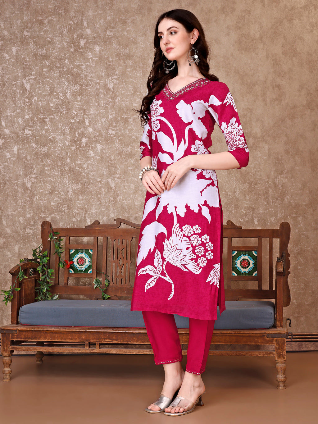 Hand Embroidered & Floral Printed Pure Silk Kurta With Pant & Dupatta, Pink - Hiral Fashion - Distacart
