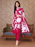 Hand Embroidered & Floral Printed Pure Silk Kurta With Pant & Dupatta, Pink - Hiral Fashion - Distacart