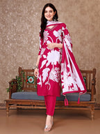 Hand Embroidered & Floral Printed Pure Silk Kurta With Pant & Dupatta, Pink - Hiral Fashion - Distacart
