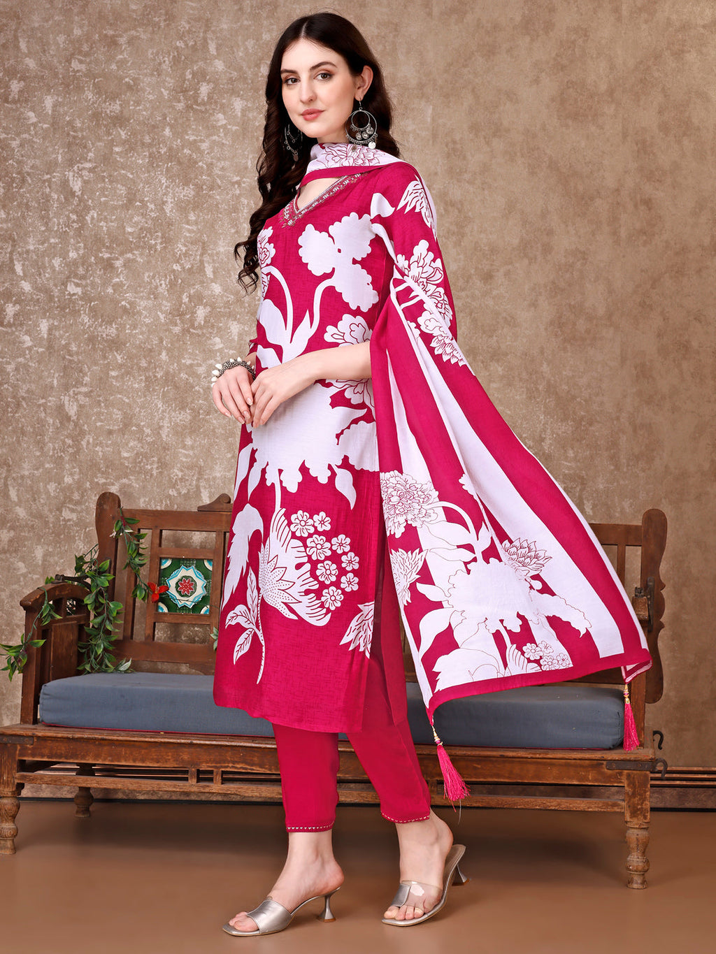 Hand Embroidered & Floral Printed Pure Silk Kurta With Pant & Dupatta, Pink - Hiral Fashion - Distacart