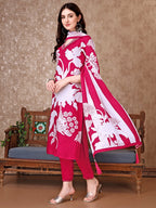 Hand Embroidered & Floral Printed Pure Silk Kurta With Pant & Dupatta, Pink - Hiral Fashion - Distacart