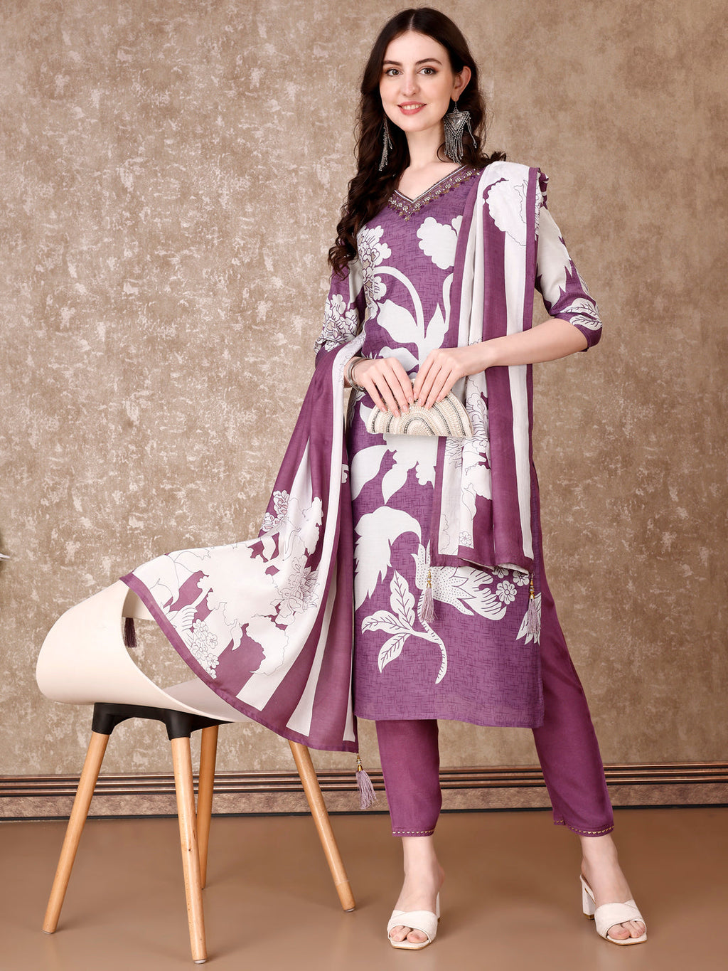 Hand Embroidered & Floral Printed Pure Silk Kurta With Pant & Dupatta, Lavender - Hiral Fashion - Distacart