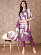 Hand Embroidered & Floral Printed Pure Silk Kurta With Pant & Dupatta, Lavender - Hiral Fashion - Distacart