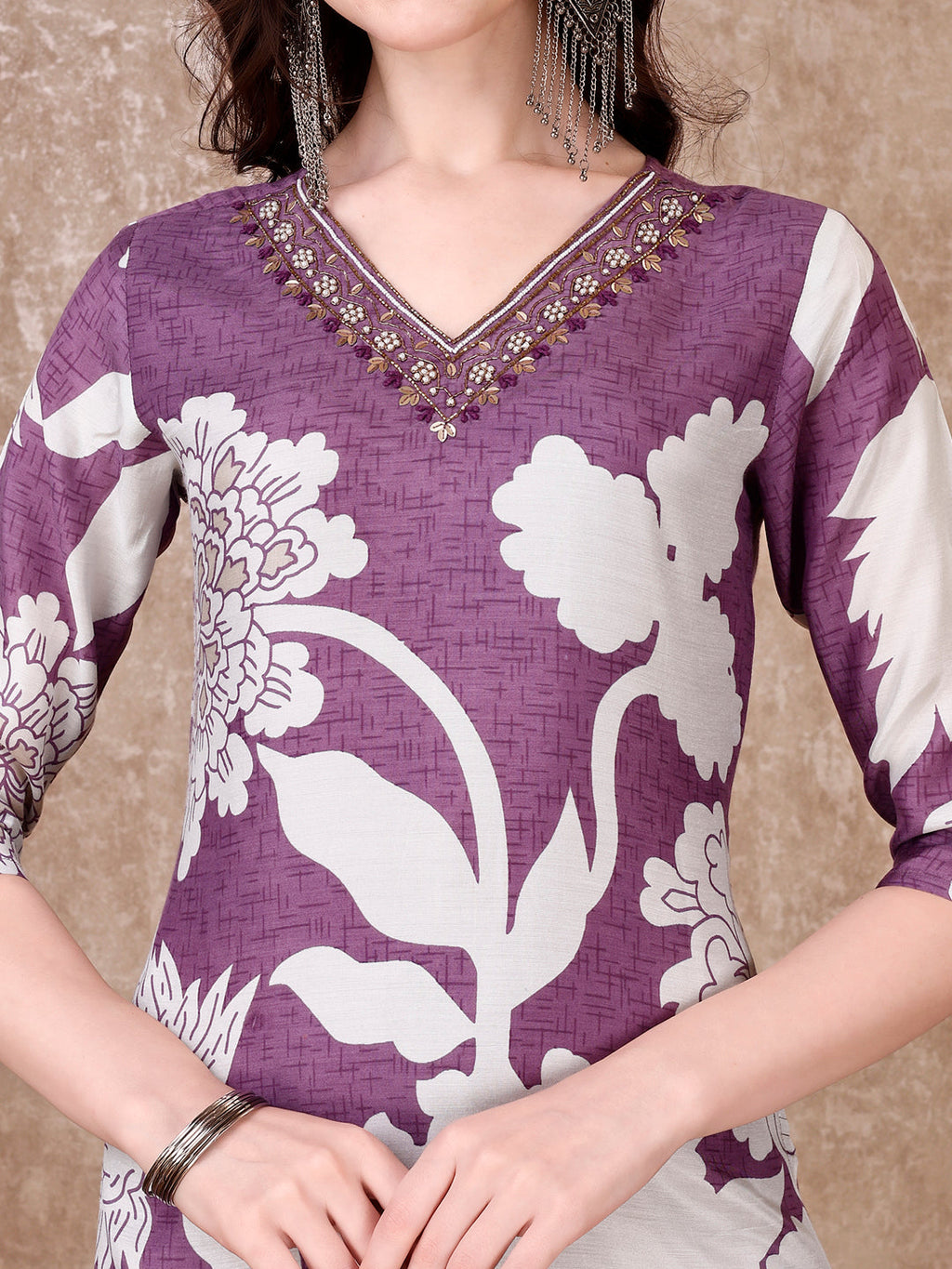 Hand Embroidered & Floral Printed Pure Silk Kurta With Pant & Dupatta, Lavender - Hiral Fashion - Distacart