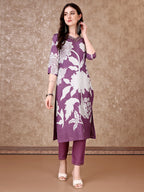 Hand Embroidered & Floral Printed Pure Silk Kurta With Pant & Dupatta, Lavender - Hiral Fashion - Distacart