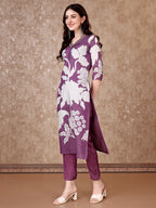 Hand Embroidered & Floral Printed Pure Silk Kurta With Pant & Dupatta, Lavender - Hiral Fashion - Distacart