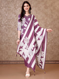 Hand Embroidered & Floral Printed Pure Silk Kurta With Pant & Dupatta, Lavender - Hiral Fashion - Distacart