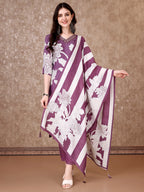 Hand Embroidered & Floral Printed Pure Silk Kurta With Pant & Dupatta, Lavender - Hiral Fashion - Distacart