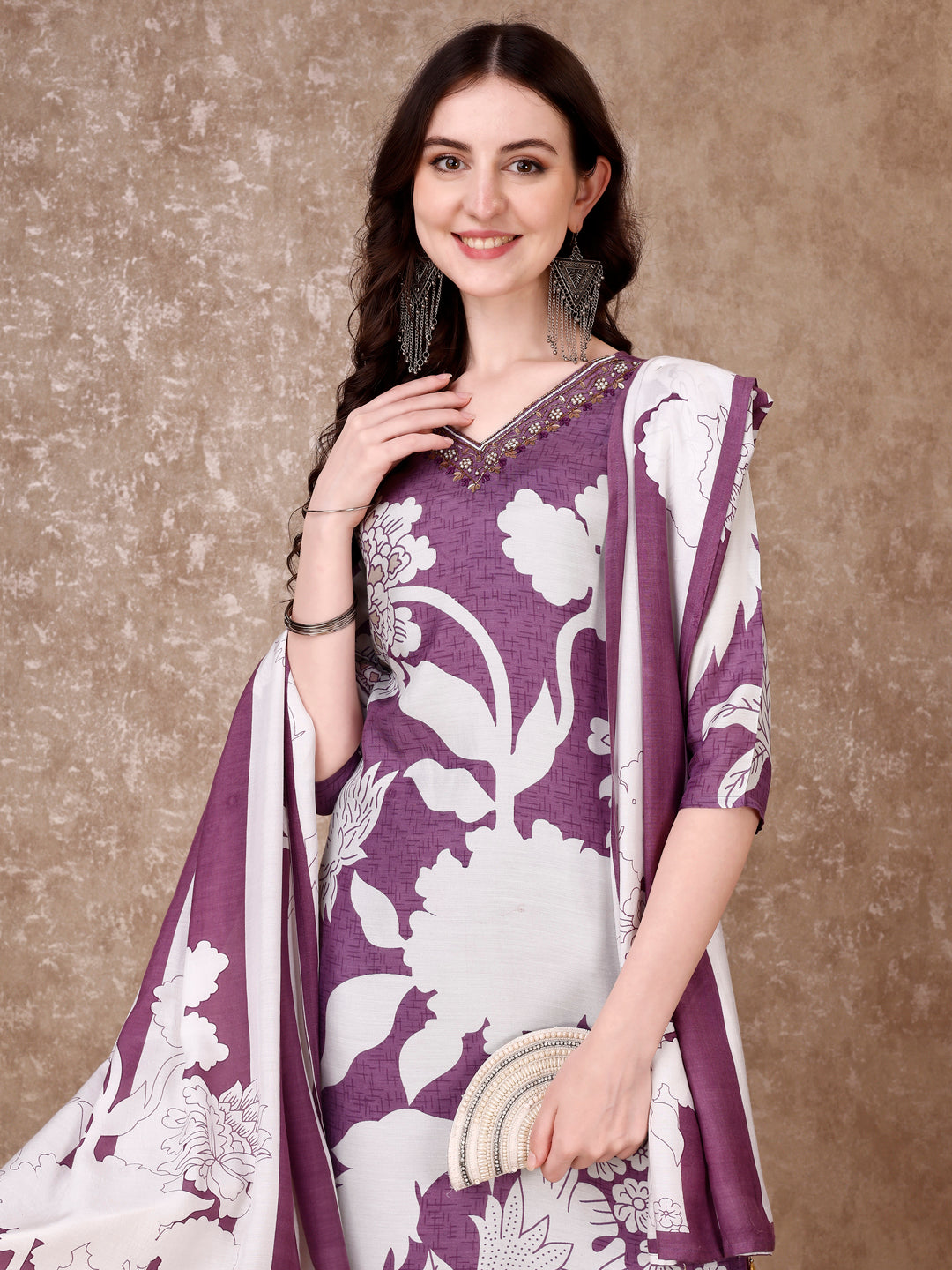 Hand Embroidered & Floral Printed Pure Silk Kurta With Pant & Dupatta, Lavender - Hiral Fashion - Distacart