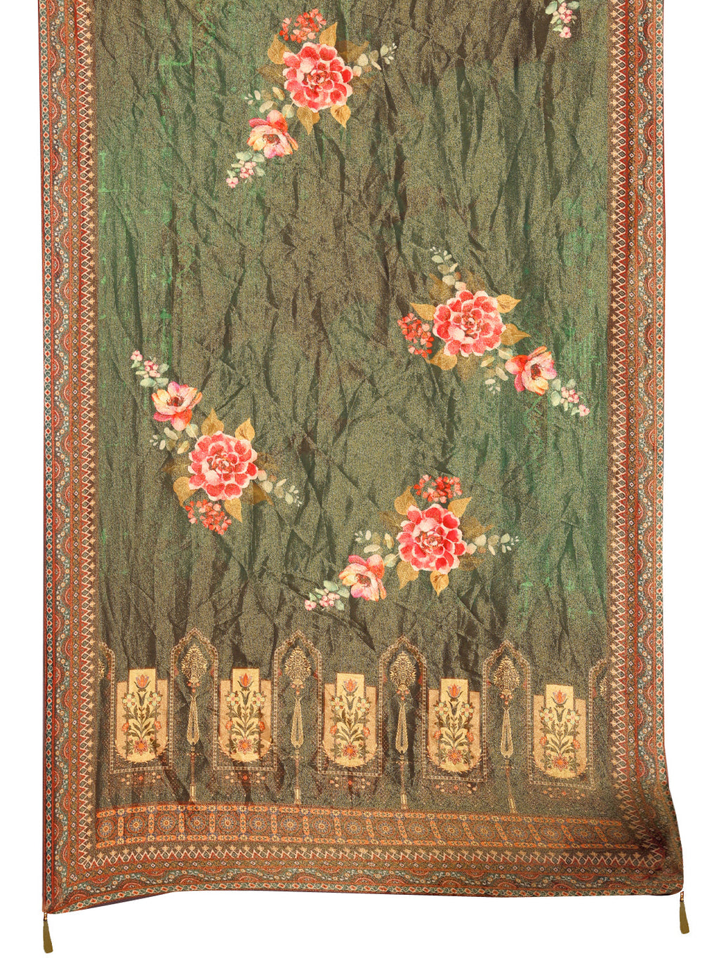 Hand Embroidered & Printed Pure Silk Kurta With Pant & Printed Dupatta, Green - Hiral Fashion