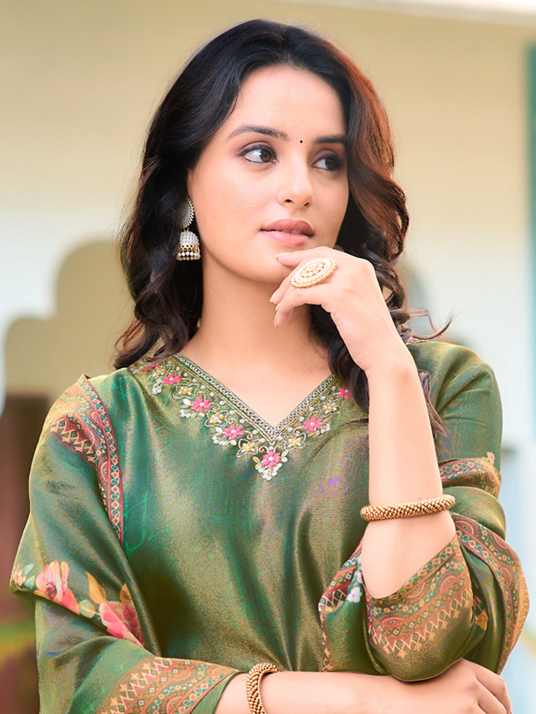 Hand Embroidered & Printed Pure Silk Kurta With Pant & Printed Dupatta, Green - Hiral Fashion