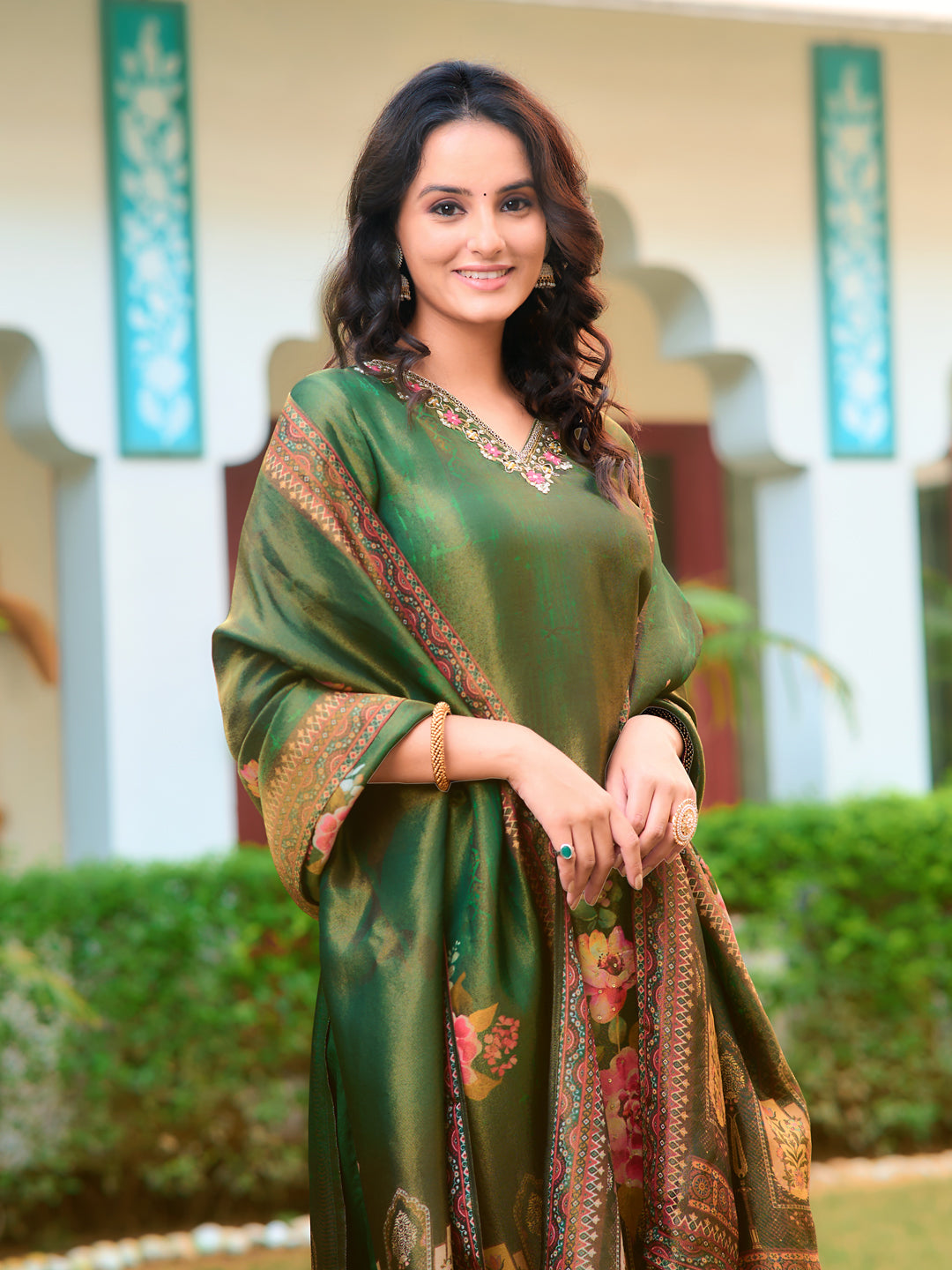Hand Embroidered & Printed Pure Silk Kurta With Pant & Printed Dupatta, Green - Hiral Fashion