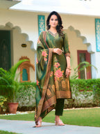Hand Embroidered & Printed Pure Silk Kurta With Pant & Printed Dupatta, Green - Hiral Fashion