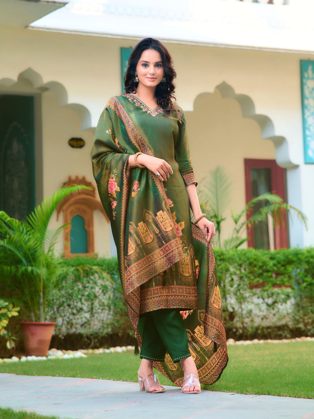 Hand Embroidered & Printed Pure Silk Kurta With Pant & Printed Dupatta, Green - Hiral Fashion