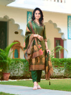 Hand Embroidered & Printed Pure Silk Kurta With Pant & Printed Dupatta, Green - Hiral Fashion