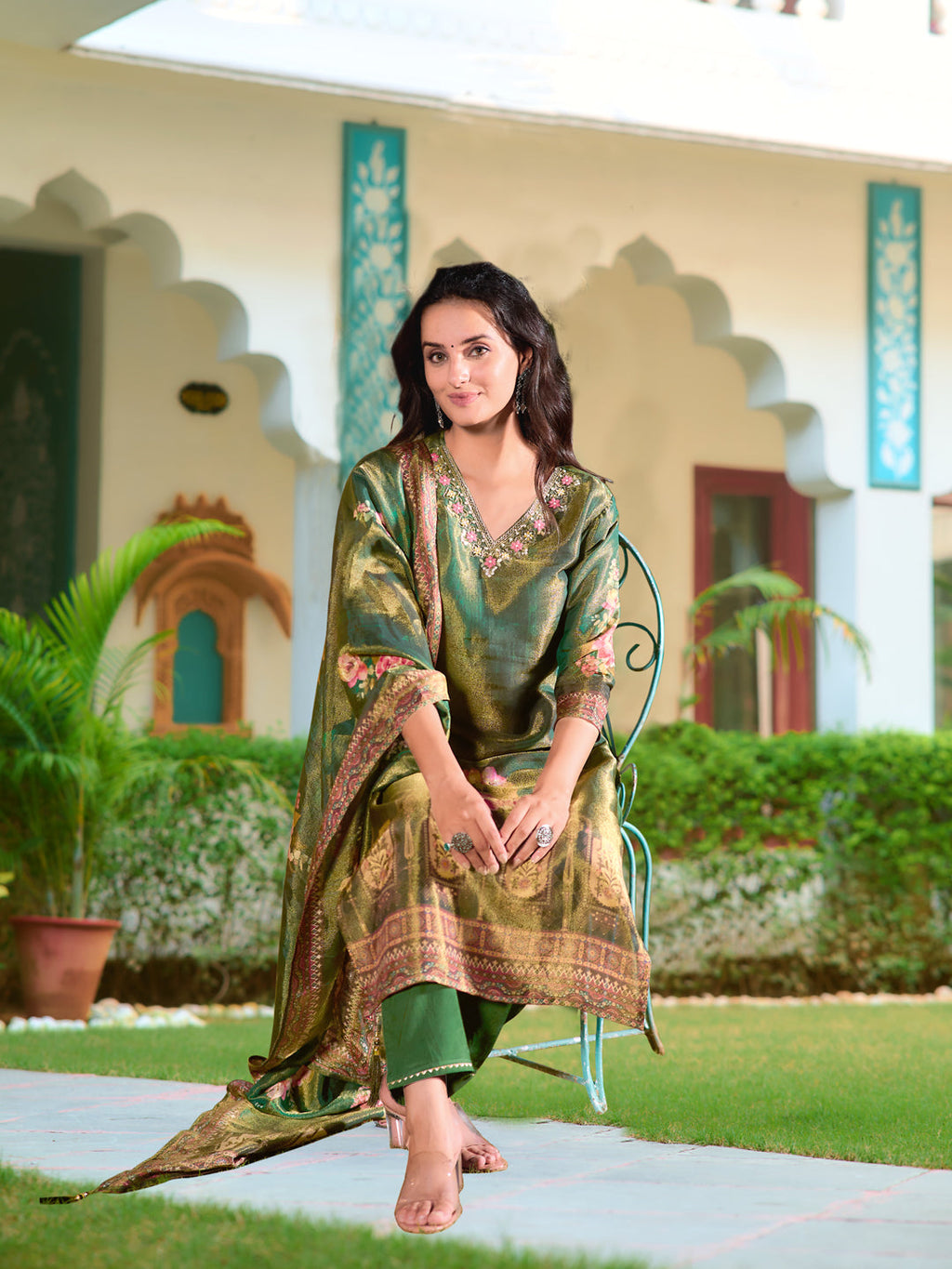 Hand Embroidered & Printed Pure Silk Kurta With Pant & Printed Dupatta, Green - Hiral Fashion