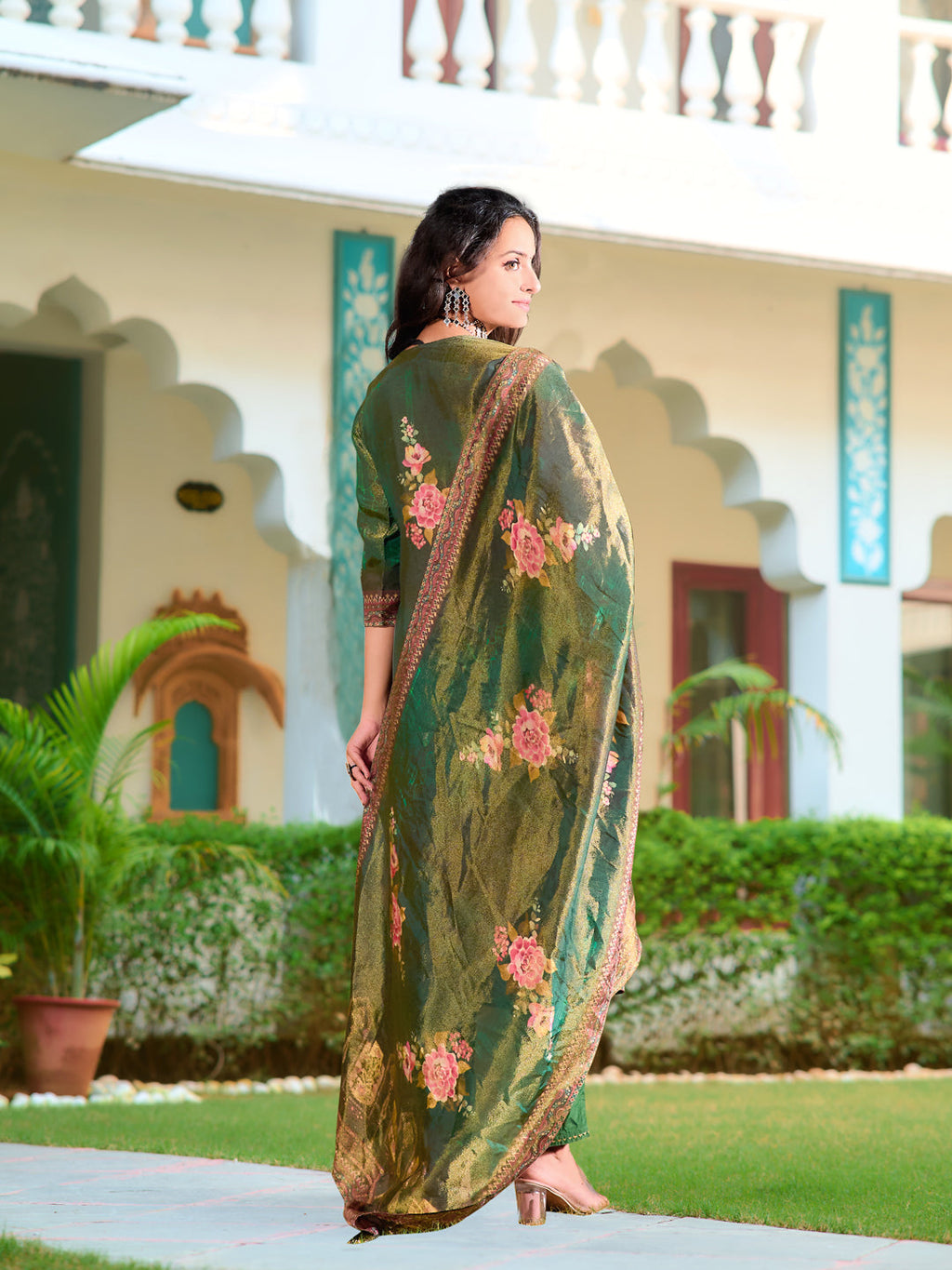 Hand Embroidered & Printed Pure Silk Kurta With Pant & Printed Dupatta, Green - Hiral Fashion