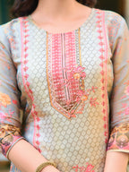 Hand Embroidered & Printed Pure Silk Kurta With Pant & Printed Dupatta, Grey - Hiral Fashion - Distacart
