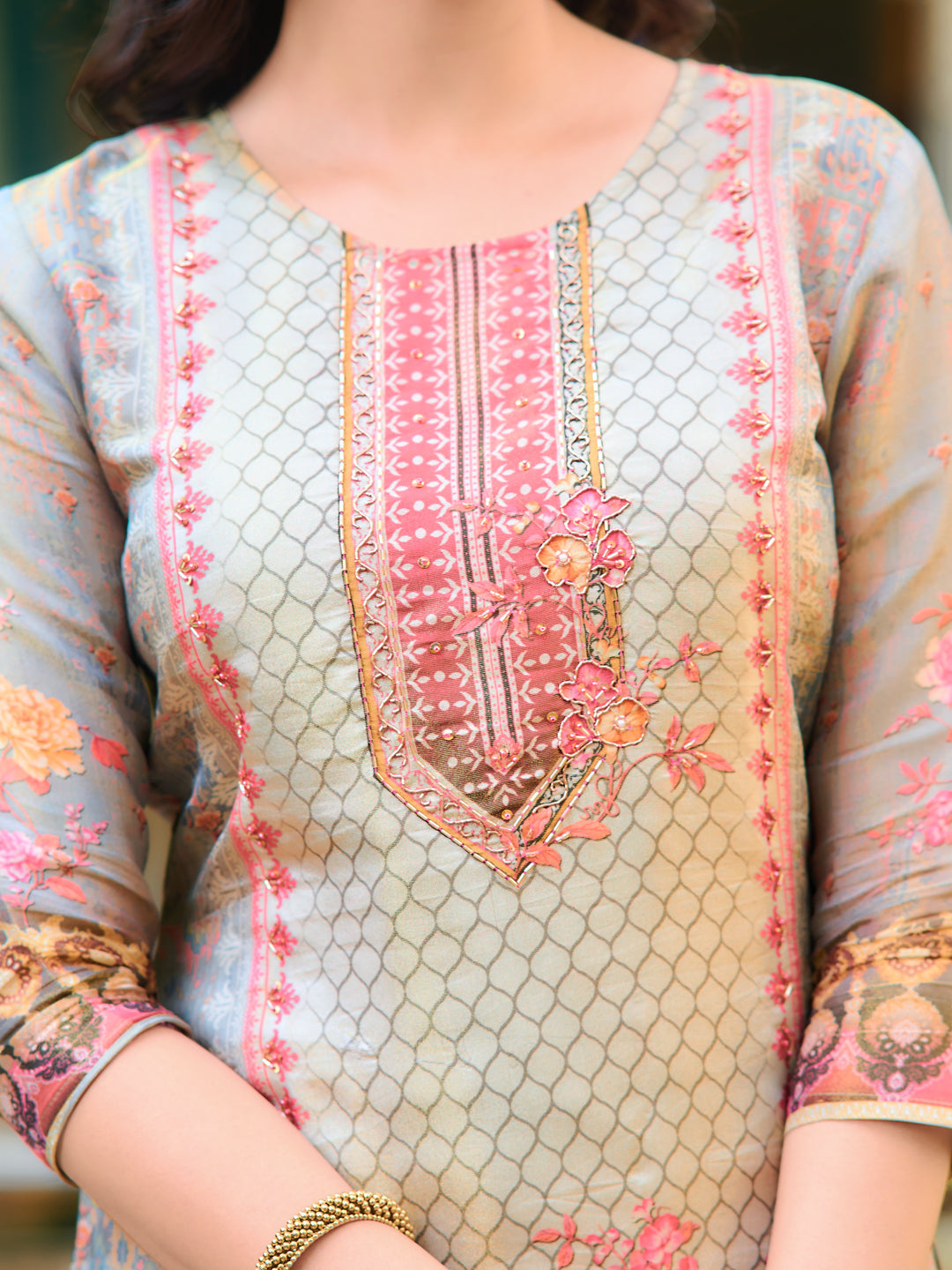 Hand Embroidered & Printed Pure Silk Kurta With Pant & Printed Dupatta, Grey - Hiral Fashion - Distacart