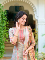 Hand Embroidered & Printed Pure Silk Kurta With Pant & Printed Dupatta, Grey - Hiral Fashion - Distacart