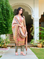 Hand Embroidered & Printed Pure Silk Kurta With Pant & Printed Dupatta, Grey - Hiral Fashion - Distacart