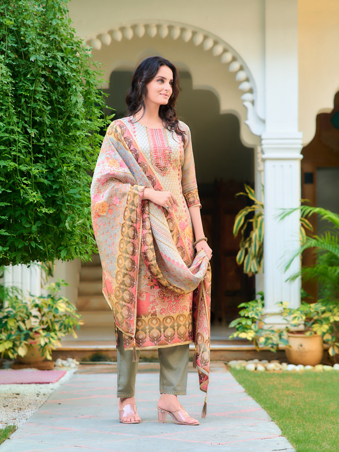 Hand Embroidered & Printed Pure Silk Kurta With Pant & Printed Dupatta, Grey - Hiral Fashion - Distacart