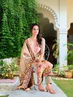 Hand Embroidered & Printed Pure Silk Kurta With Pant & Printed Dupatta, Grey - Hiral Fashion - Distacart