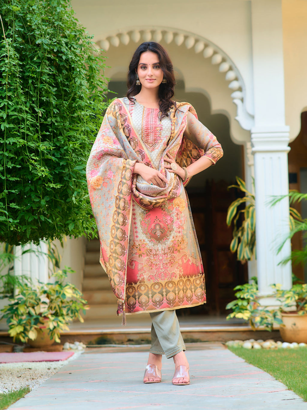 Hand Embroidered & Printed Pure Silk Kurta With Pant & Printed Dupatta, Grey - Hiral Fashion - Distacart