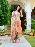 Hand Embroidered & Printed Pure Silk Kurta With Pant & Printed Dupatta, Grey - Hiral Fashion - Distacart