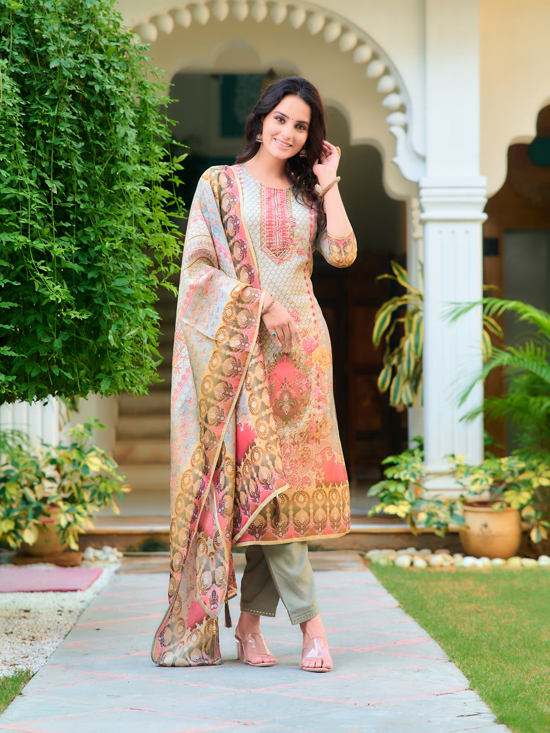 Hand Embroidered & Printed Pure Silk Kurta With Pant & Printed Dupatta, Grey - Hiral Fashion - Distacart
