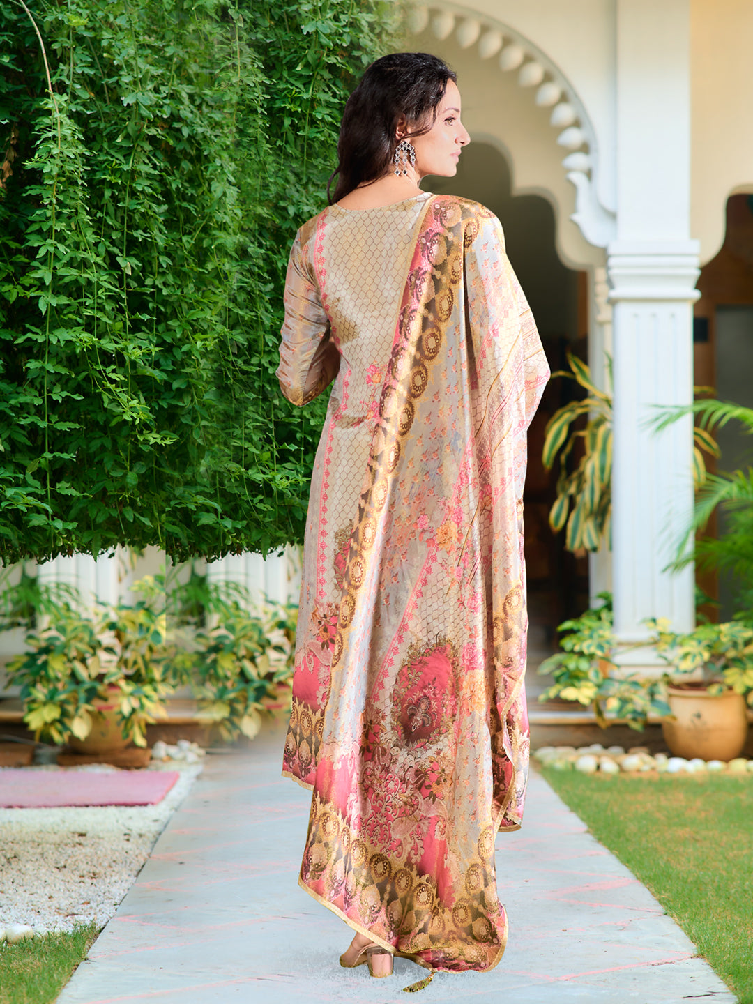 Hand Embroidered & Printed Pure Silk Kurta With Pant & Printed Dupatta, Grey - Hiral Fashion - Distacart