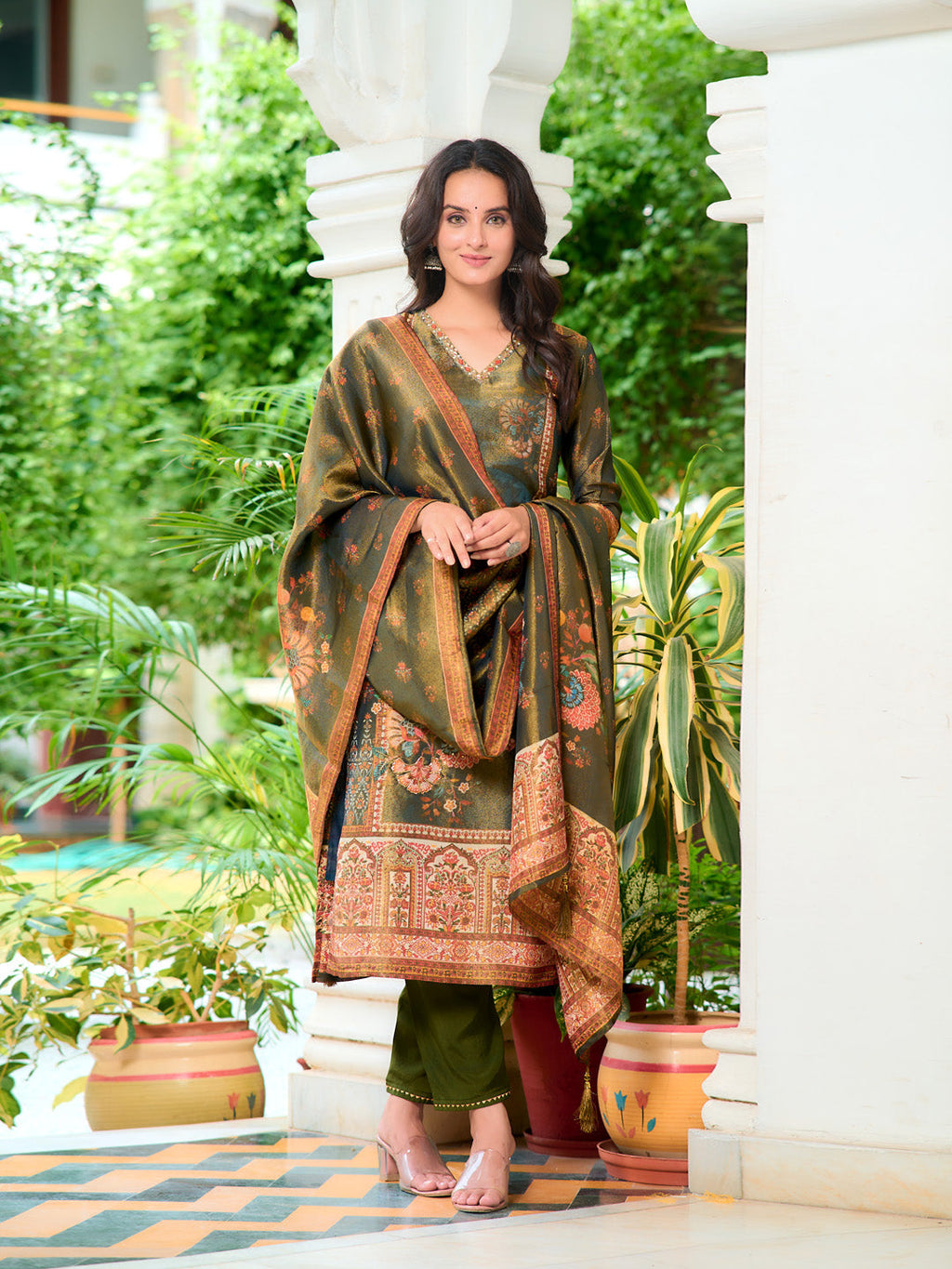 Hand Embroidered & Printed Pure Silk Kurta With Pant & Printed Dupatta, Green - Hiral Fashion
