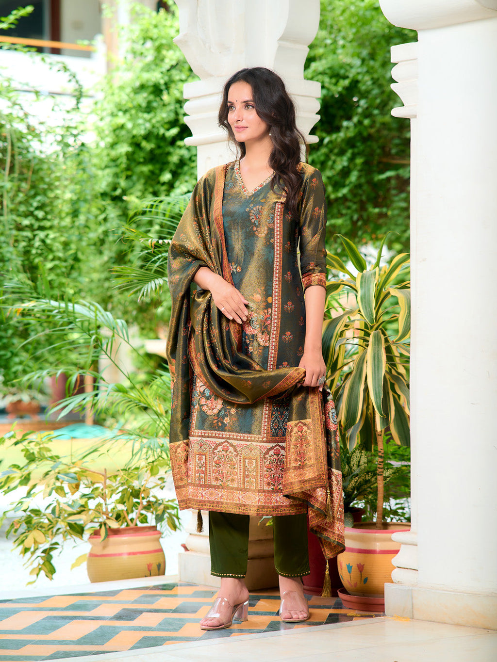 Hand Embroidered & Printed Pure Silk Kurta With Pant & Printed Dupatta, Green - Hiral Fashion