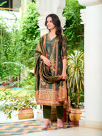 Hand Embroidered & Printed Pure Silk Kurta With Pant & Printed Dupatta, Green - Hiral Fashion