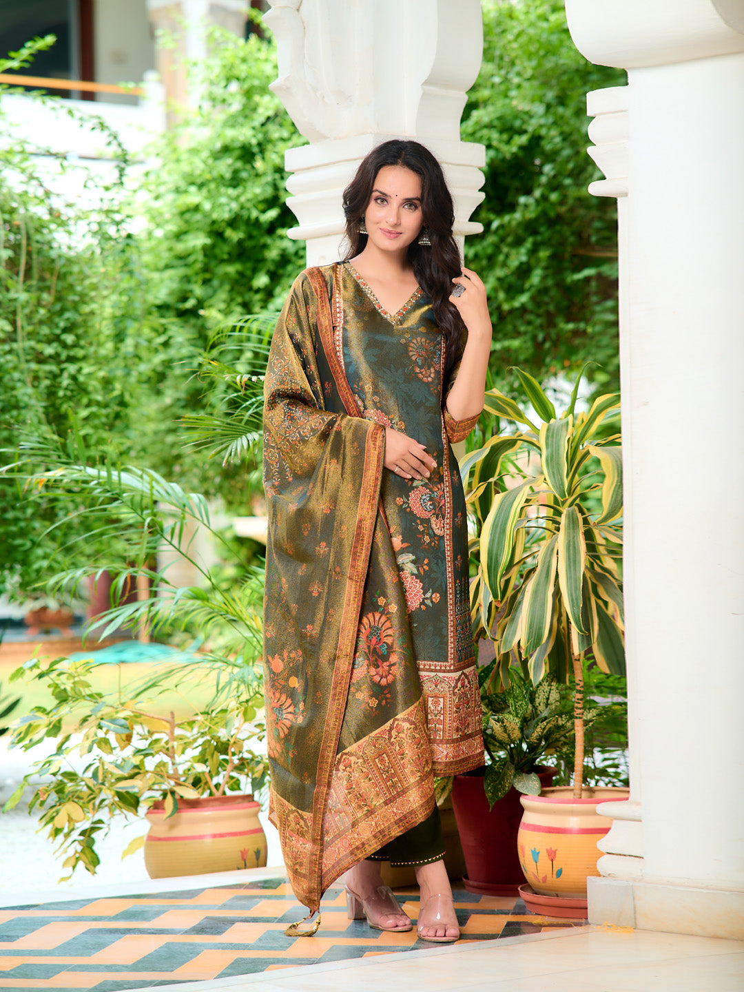 Hand Embroidered & Printed Pure Silk Kurta With Pant & Printed Dupatta, Green - Hiral Fashion