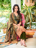 Hand Embroidered & Printed Pure Silk Kurta With Pant & Printed Dupatta, Green - Hiral Fashion