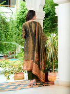 Hand Embroidered & Printed Pure Silk Kurta With Pant & Printed Dupatta, Green - Hiral Fashion