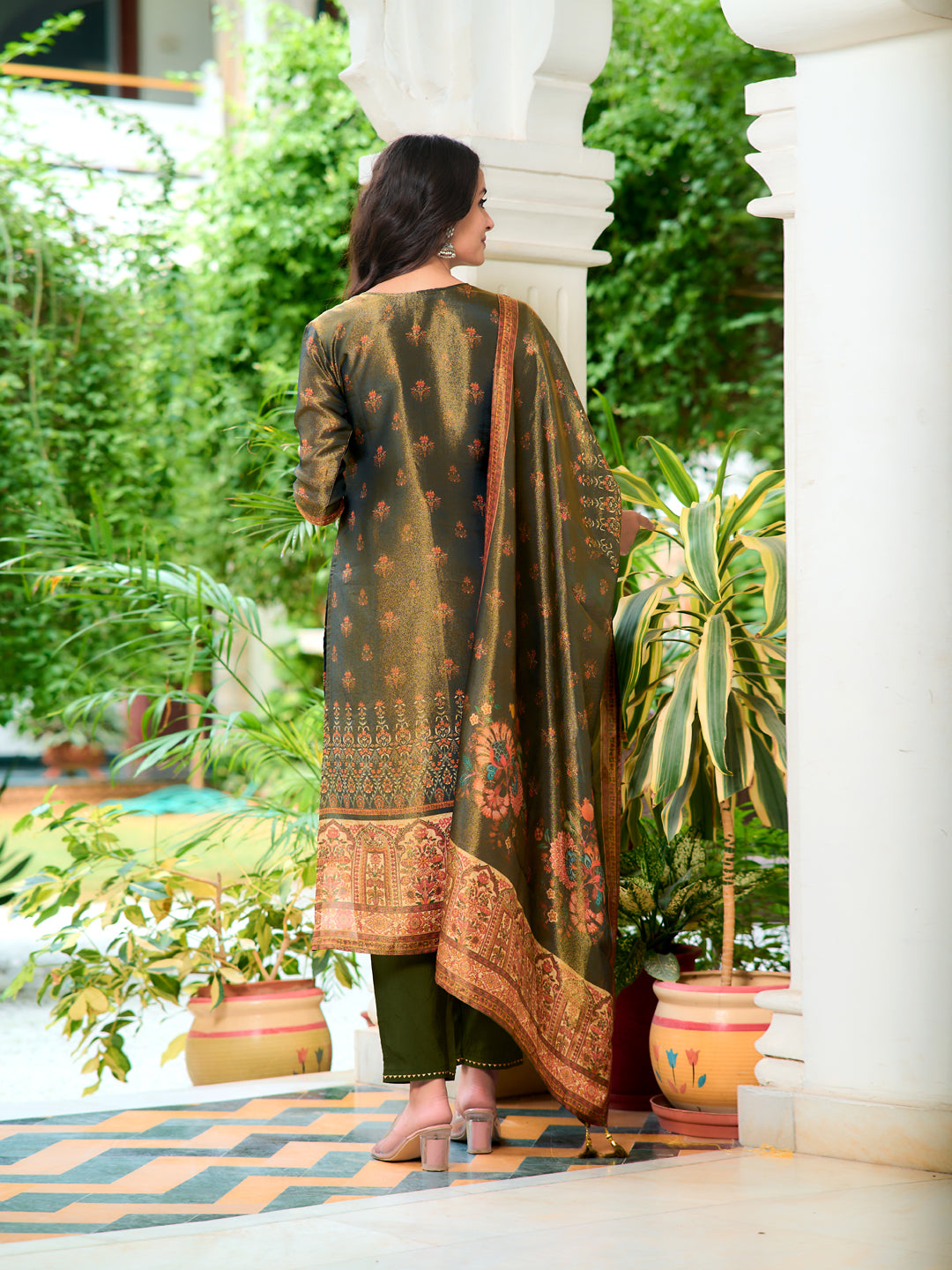 Hand Embroidered & Printed Pure Silk Kurta With Pant & Printed Dupatta, Green - Hiral Fashion