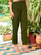 Hand Embroidered & Printed Pure Silk Kurta With Pant & Printed Dupatta, Green - Hiral Fashion