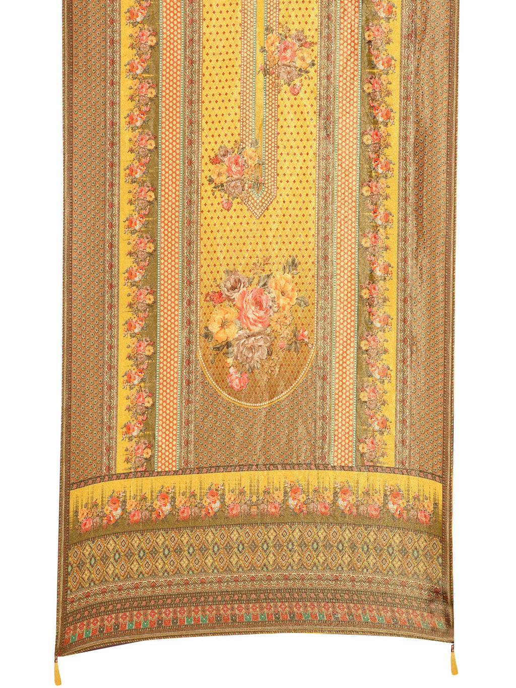 Hand Embroidered & Printed Pure Silk Kurta With Pant & Printed Dupatta, Yellow - Hiral Fashion - Distacart