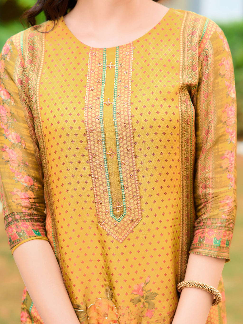 Hand Embroidered & Printed Pure Silk Kurta With Pant & Printed Dupatta, Yellow - Hiral Fashion - Distacart