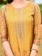 Hand Embroidered & Printed Pure Silk Kurta With Pant & Printed Dupatta, Yellow - Hiral Fashion - Distacart
