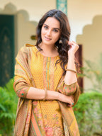 Hand Embroidered & Printed Pure Silk Kurta With Pant & Printed Dupatta, Yellow - Hiral Fashion - Distacart