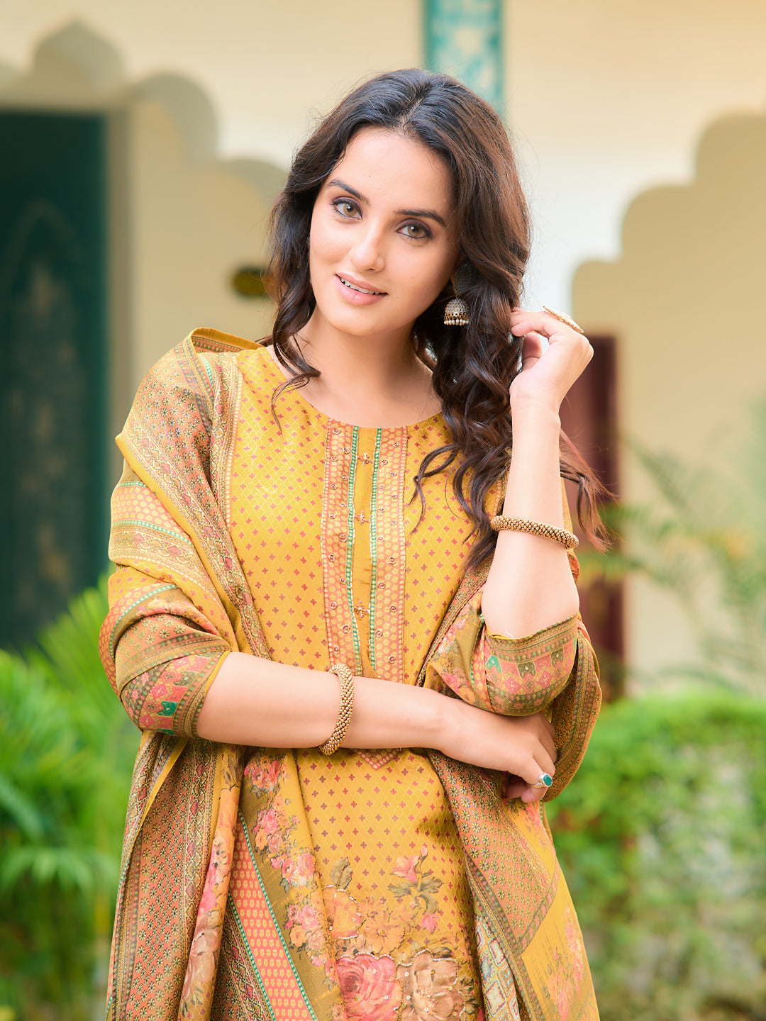 Hand Embroidered & Printed Pure Silk Kurta With Pant & Printed Dupatta, Yellow - Hiral Fashion - Distacart