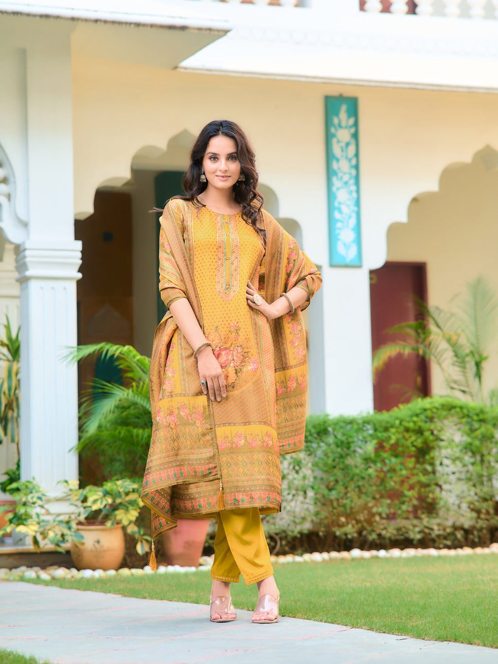 Hand Embroidered & Printed Pure Silk Kurta With Pant & Printed Dupatta, Yellow - Hiral Fashion - Distacart