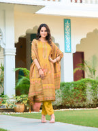 Hand Embroidered & Printed Pure Silk Kurta With Pant & Printed Dupatta, Yellow - Hiral Fashion - Distacart