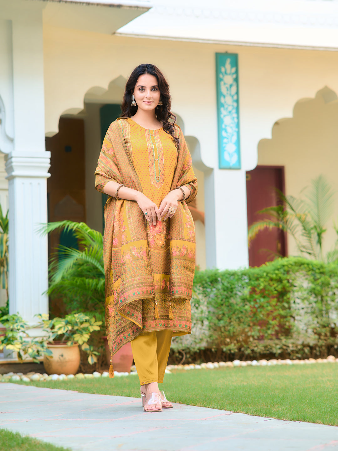 Hand Embroidered & Printed Pure Silk Kurta With Pant & Printed Dupatta, Yellow - Hiral Fashion - Distacart