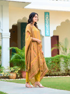 Hand Embroidered & Printed Pure Silk Kurta With Pant & Printed Dupatta, Yellow - Hiral Fashion - Distacart