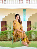 Hand Embroidered & Printed Pure Silk Kurta With Pant & Printed Dupatta, Yellow - Hiral Fashion - Distacart